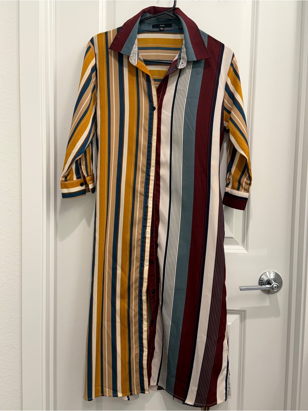 Fate Striped Button-Front Midi Dress in Mustard, Teal & Burgundy